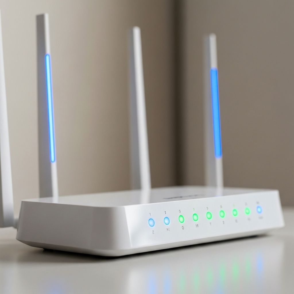 Modern wireless router with illuminated signal indicators for optimal IPTV streaming