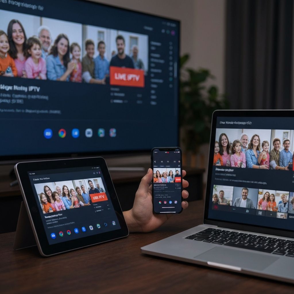 IPTV service streaming simultaneously on smart TV, laptop, tablet and smartphone